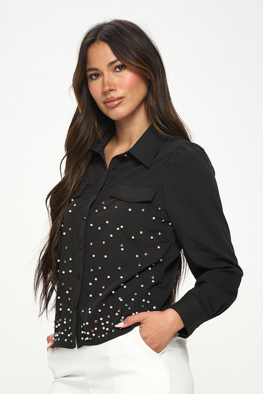 EMBELLISHED BUTTON DOWN BLOUSE