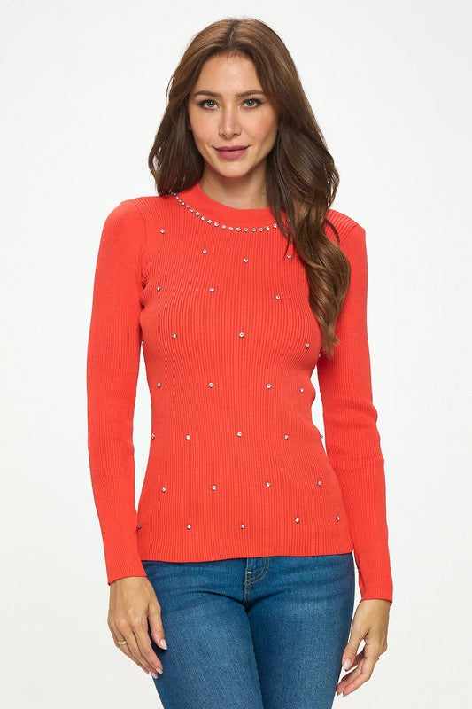 RIBBED KNIT RHINESTONE SWEATER