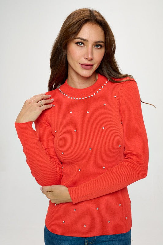 RIBBED KNIT RHINESTONE SWEATER