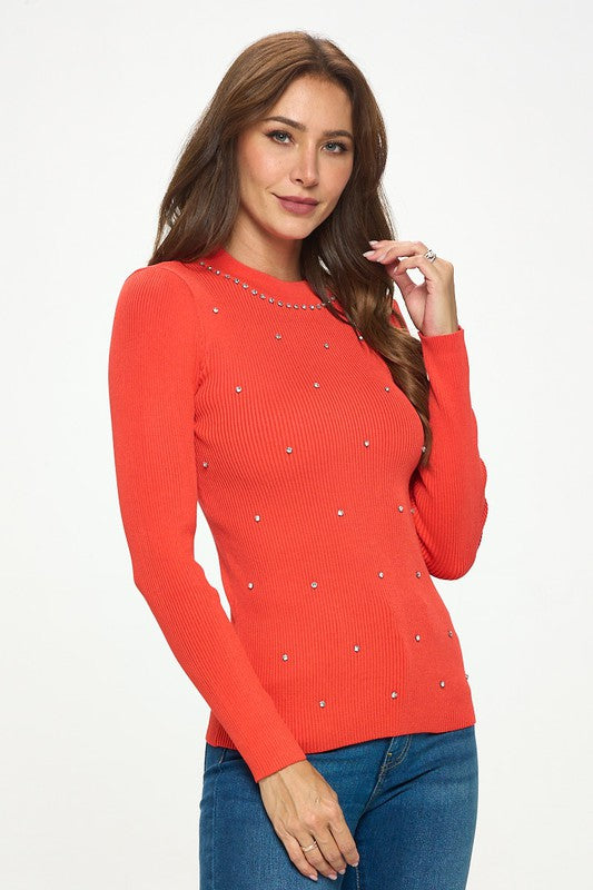 RIBBED KNIT RHINESTONE SWEATER