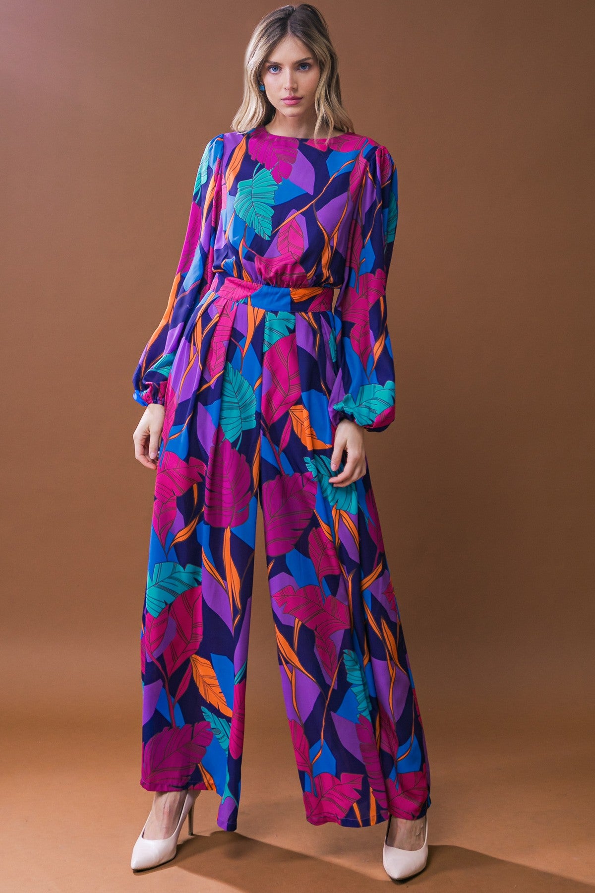 ROUND NECK PRINTED WIDE LEG  JUMPSUIT