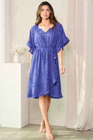 DOT PRINT RUFFLED TRIM DRESS