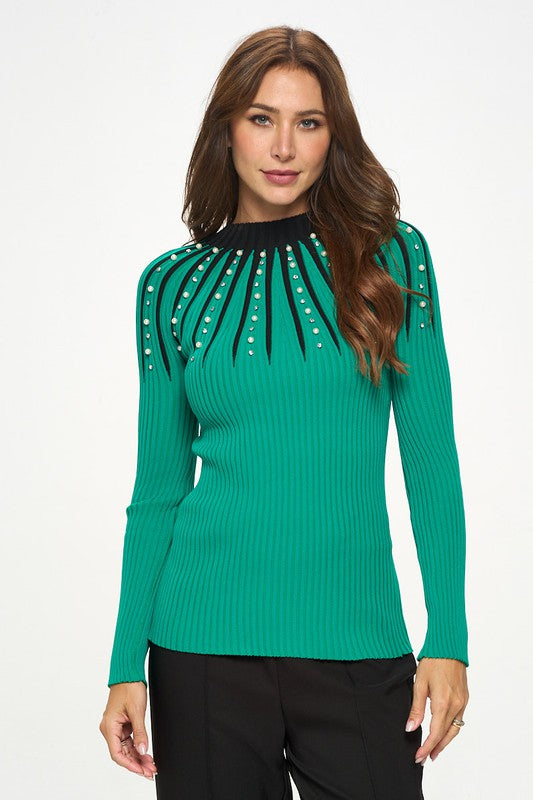 TWO TONE RHINESTONE SWEATER