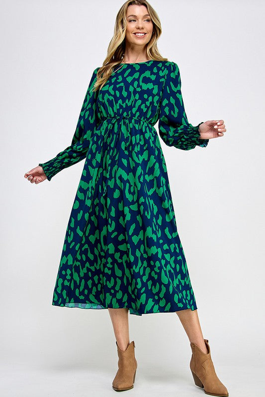 SMOCK CUFF LONG SLEEVE PRINTED MIDI DRESS