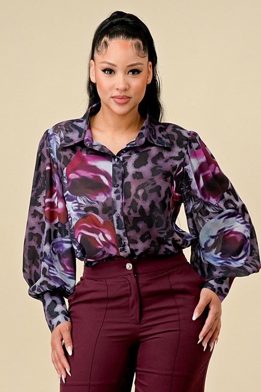 PRINTED BUTTON DOWN BALLOON SLEEVE TOP