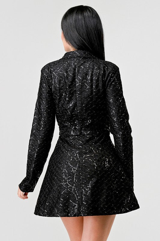 SEQUINS  ZIPUP WAIST TIE DRESS JACKET