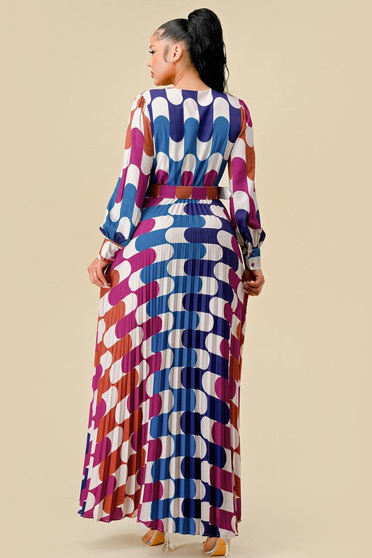 V-NECK PRINTED PLEATED MAXI DRESS