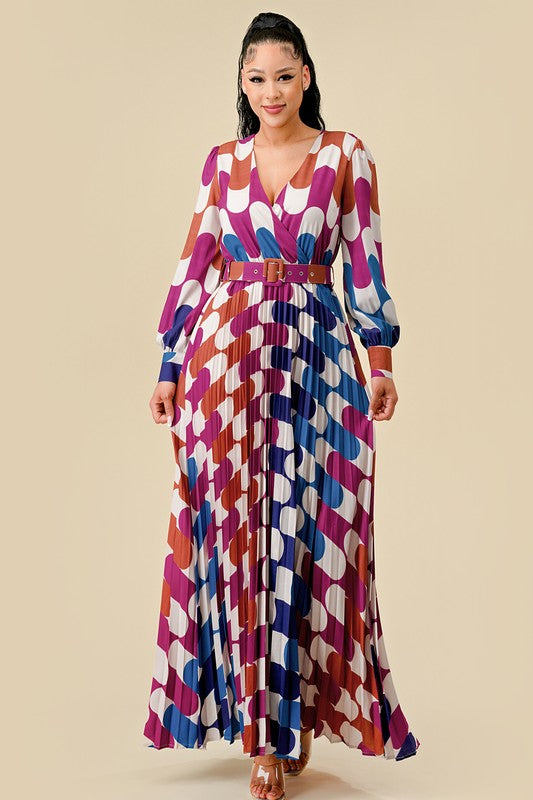 V-NECK PRINTED PLEATED MAXI DRESS