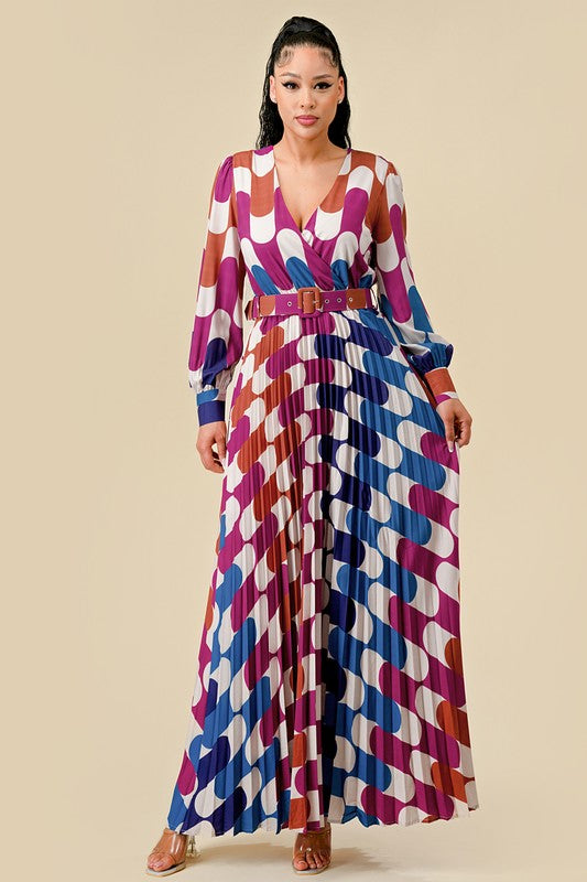 V-NECK PRINTED PLEATED MAXI DRESS