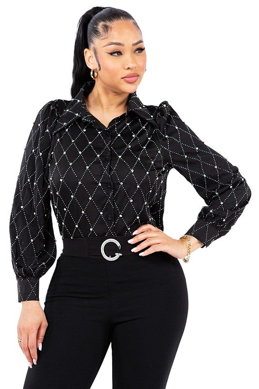 SATIN & RHINESTONE BUTTON DOWN COLLARED SHIRTS