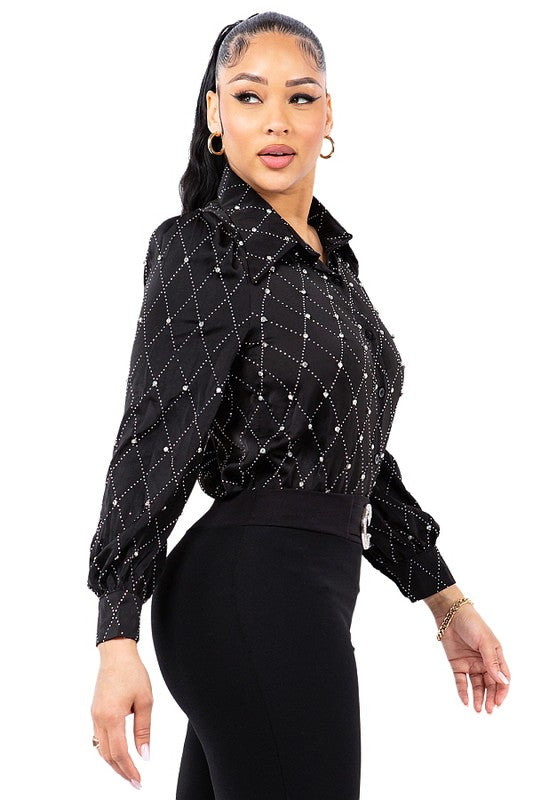 SATIN & RHINESTONE BUTTON DOWN COLLARED SHIRTS