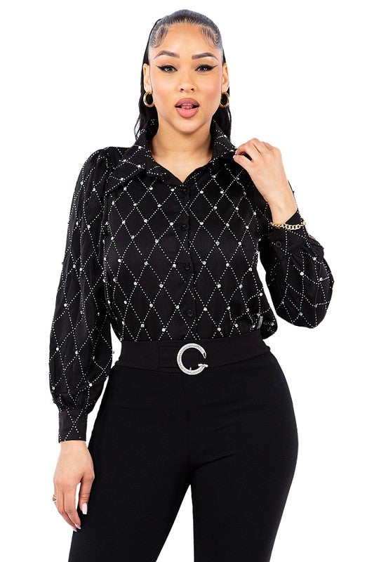 SATIN & RHINESTONE BUTTON DOWN COLLARED SHIRTS