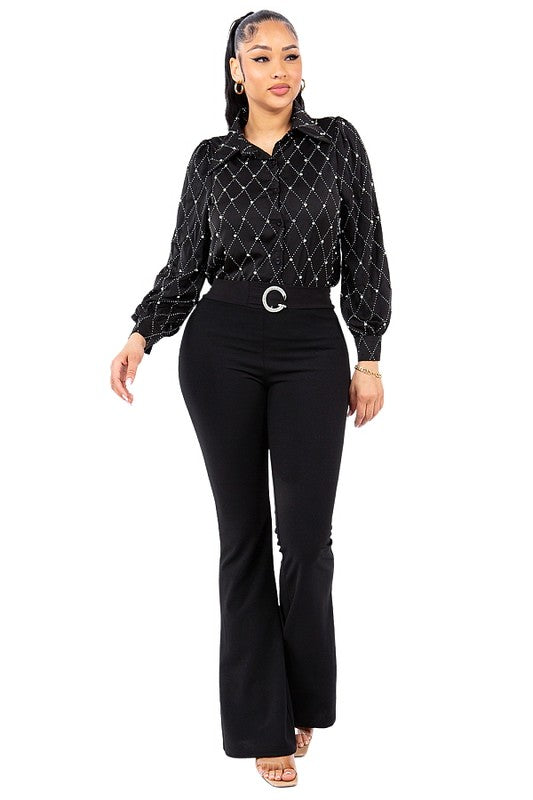 SATIN & RHINESTONE BUTTON DOWN COLLARED SHIRTS