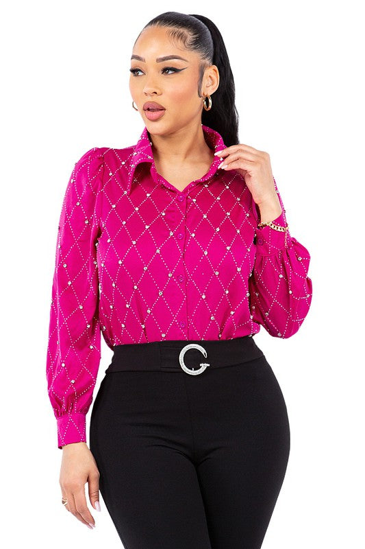 SATIN & RHINESTONE BUTTON DOWN COLLARED SHIRTS