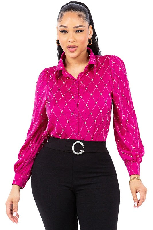 SATIN & RHINESTONE BUTTON DOWN COLLARED SHIRTS