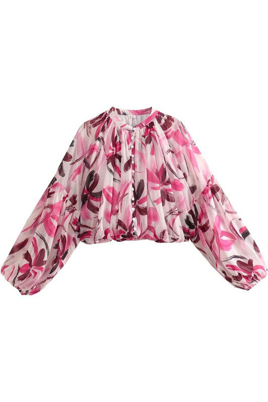 FLORAL PRINT LONG SLEEVE PUFF SHIRT