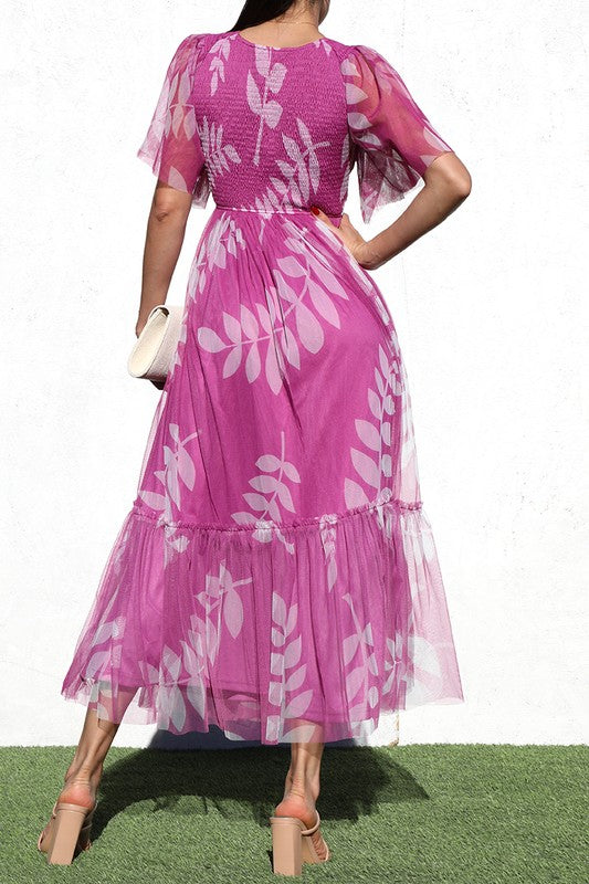 PRINTED MESH RUFFELD LONG DRESS