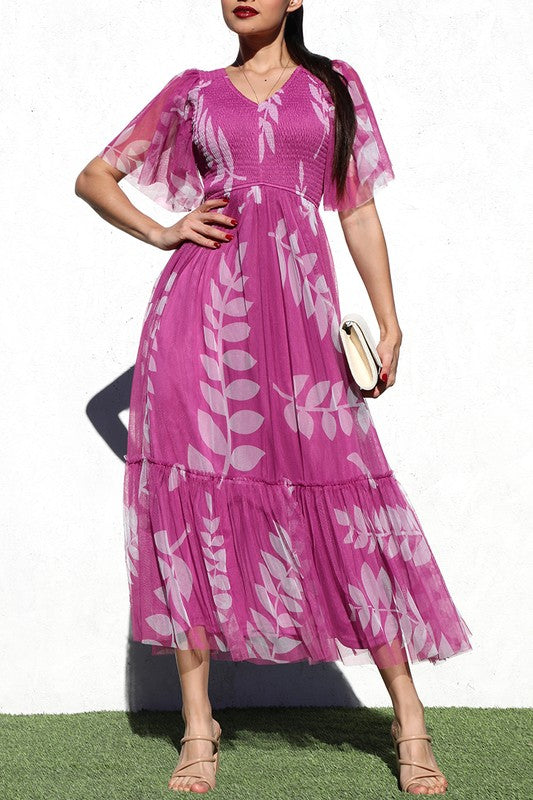 PRINTED MESH RUFFELD LONG DRESS