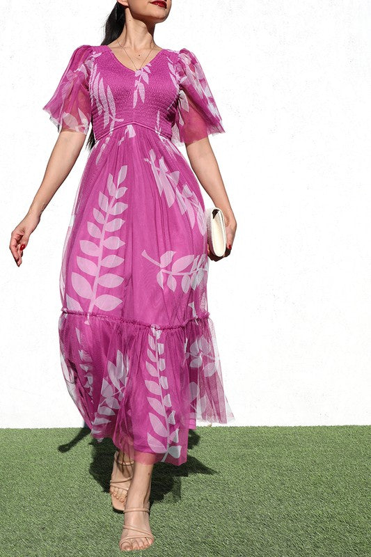 PRINTED MESH RUFFELD LONG DRESS