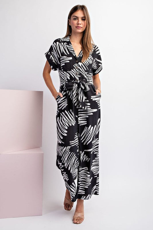 PRINTED JUMPSUIT WITH WAIST TIE