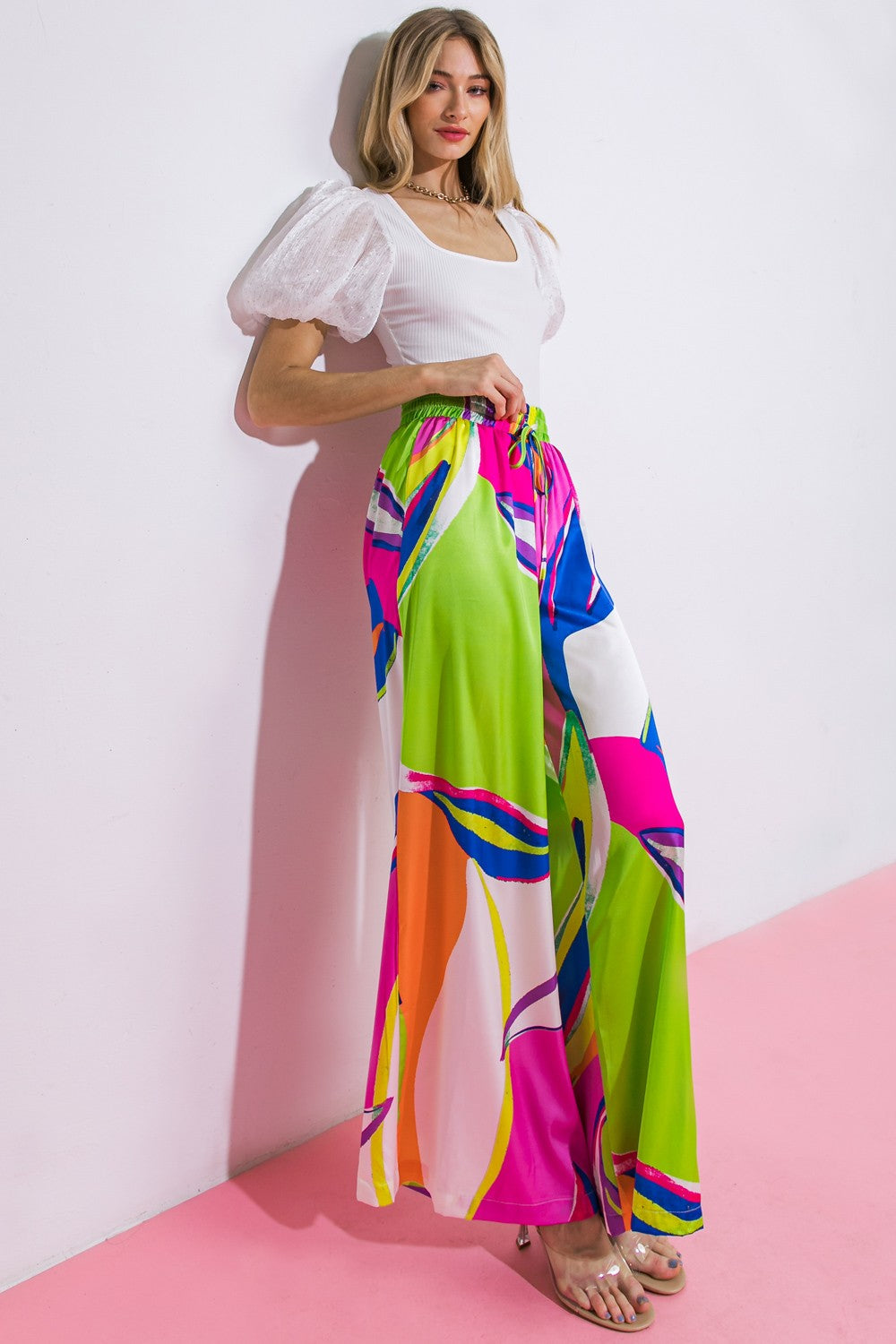 ELACTIZIDED WAIST WIDE LEG PANTS