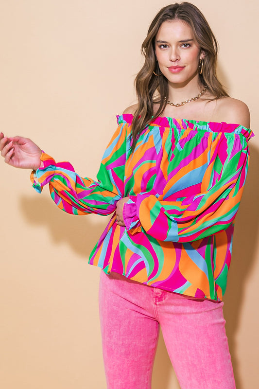 RUFFLED CUFF PRINTED OFF SHOULDER TOP