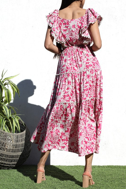 PRINTED TIERED WOVEN LONG DRESS