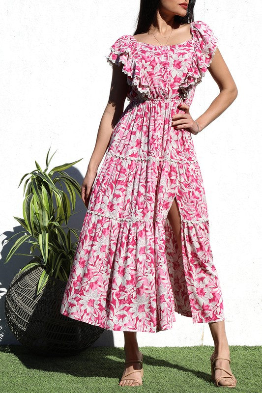 PRINTED TIERED WOVEN LONG DRESS