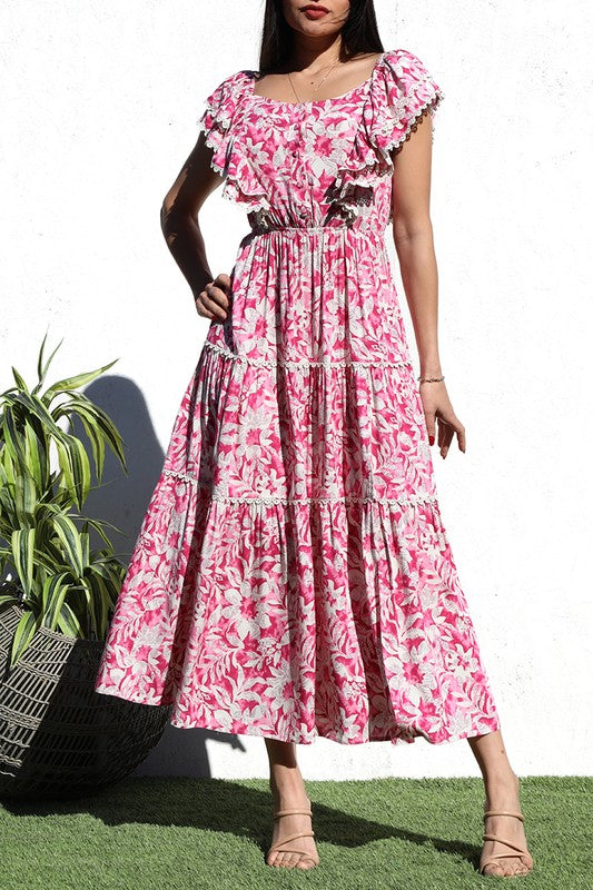 PRINTED TIERED WOVEN LONG DRESS