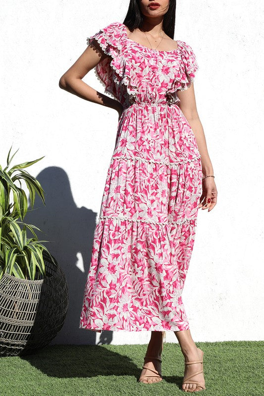 PRINTED TIERED WOVEN LONG DRESS