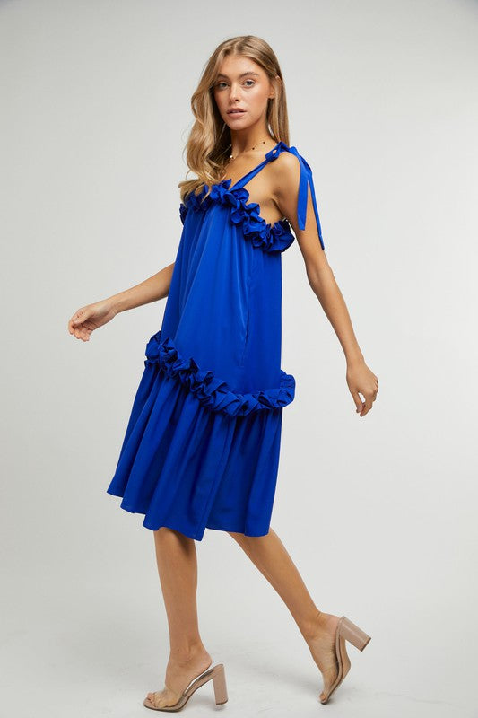 RUFFLED HEM TIE STRAP MIDI DRESS