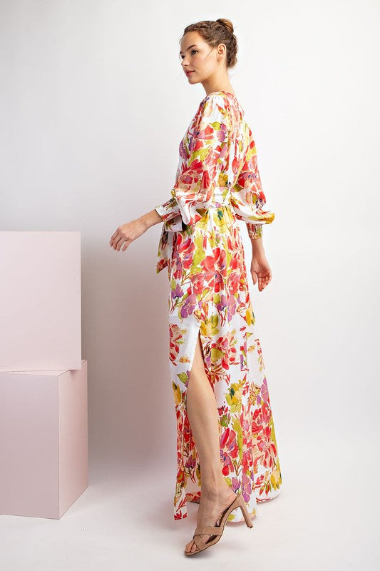 FLORAL PRINTED LONG SLEEVE TIE MAXI DRESS