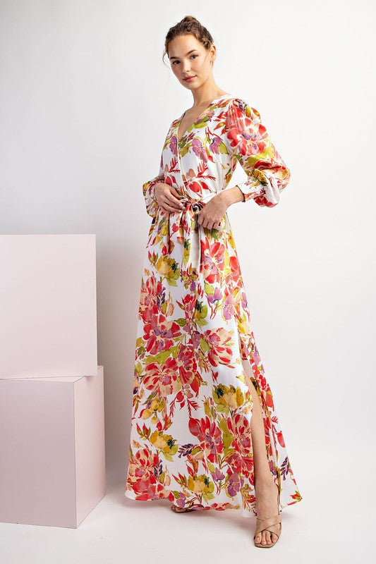 FLORAL PRINTED LONG SLEEVE TIE MAXI DRESS