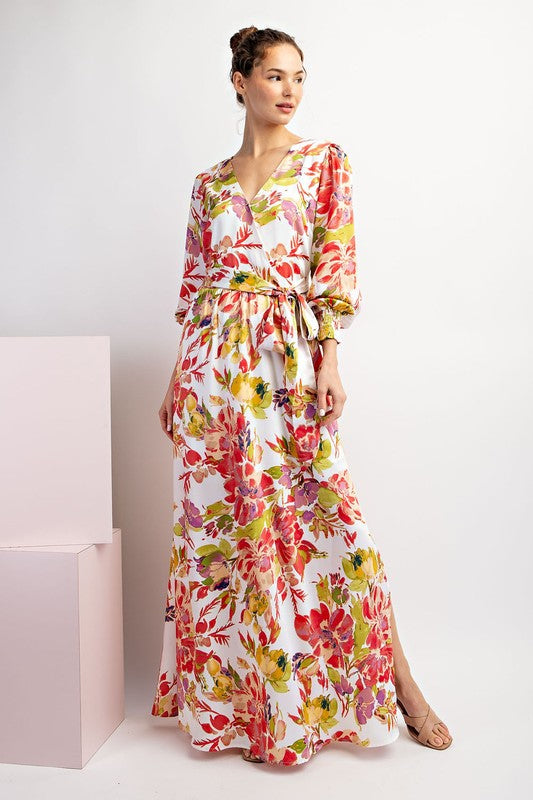 FLORAL PRINTED LONG SLEEVE TIE MAXI DRESS