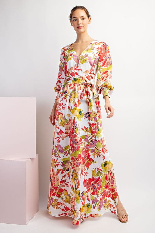 FLORAL PRINTED LONG SLEEVE TIE MAXI DRESS