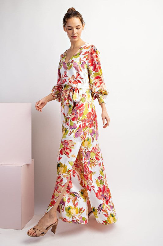 FLORAL PRINTED LONG SLEEVE TIE MAXI DRESS