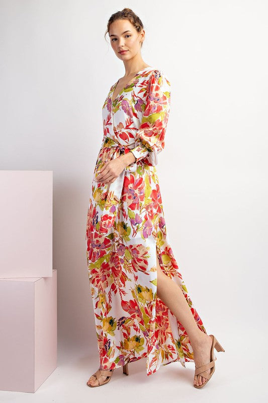 FLORAL PRINTED LONG SLEEVE TIE MAXI DRESS