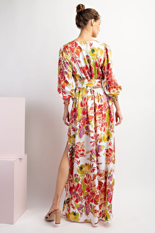 FLORAL PRINTED LONG SLEEVE TIE MAXI DRESS