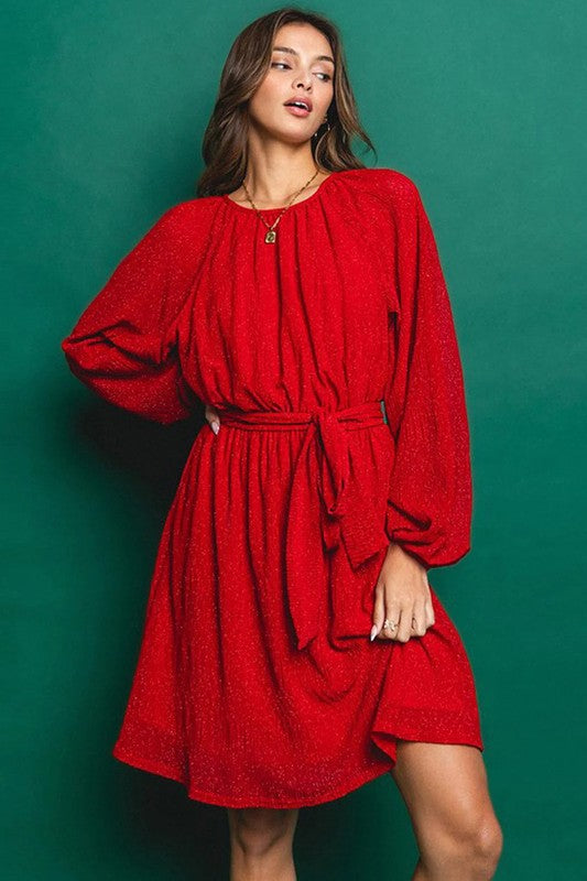 SHIMMERY PUFF SLEEVE TIE WAIST DRESS