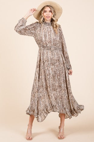 SNAKESKIN PRINT SMOCKED NECK MIDI DRESS