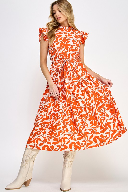 Allover Flower Print Ruffle Sleeves Belted Dress