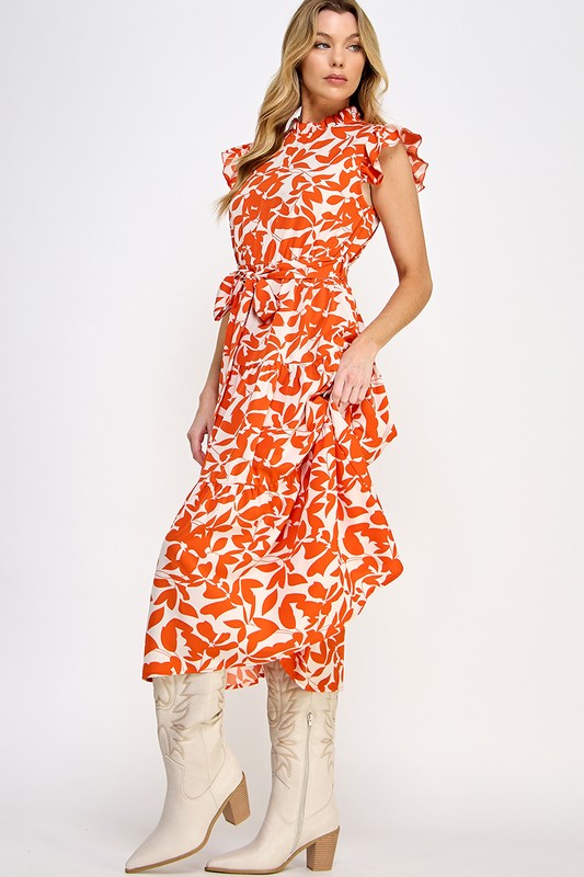 Allover Flower Print Ruffle Sleeves Belted Dress