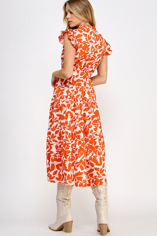 Allover Flower Print Ruffle Sleeves Belted Dress