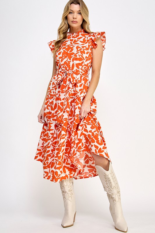 Allover Flower Print Ruffle Sleeves Belted Dress