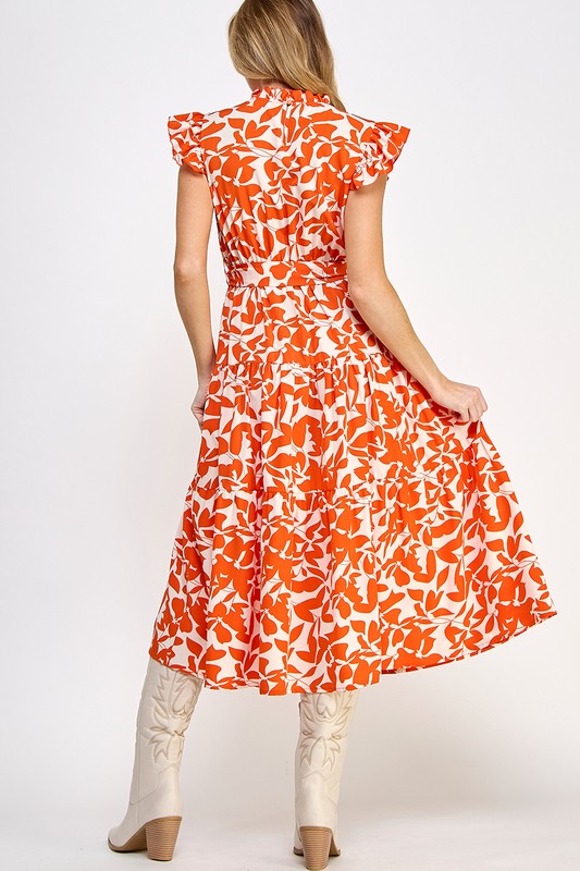 Allover Flower Print Ruffle Sleeves Belted Dress