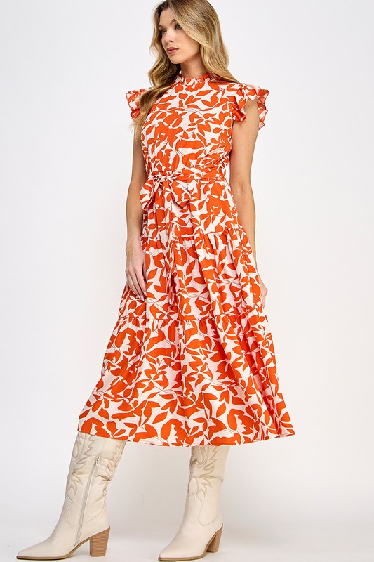 Allover Flower Print Ruffle Sleeves Belted Dress