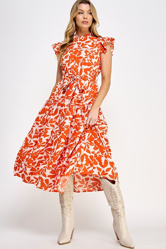 Allover Flower Print Ruffle Sleeves Belted Dress