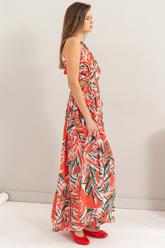 ABSTRACT PRINT HALTER CUTOUT MAXI DRESS