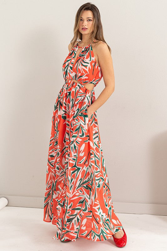 ABSTRACT PRINT HALTER CUTOUT MAXI DRESS