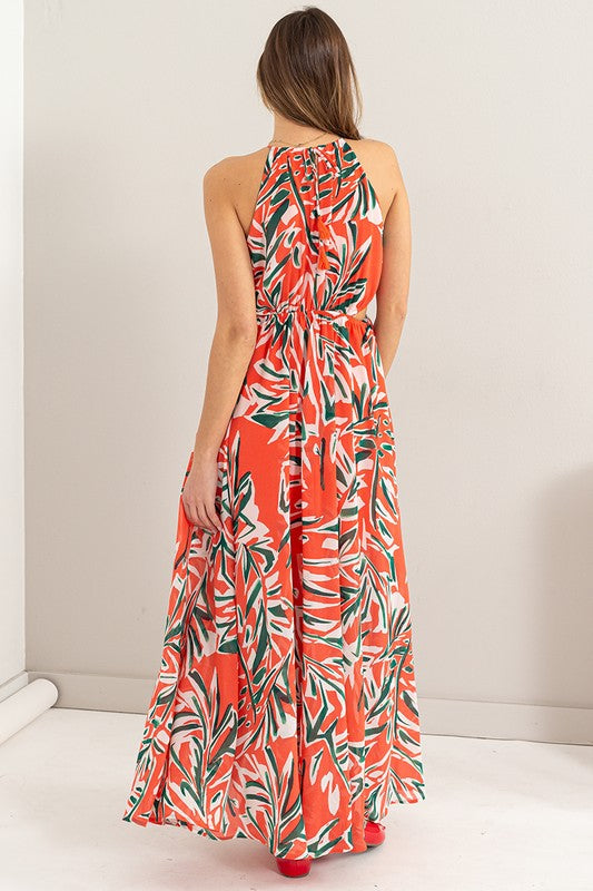 ABSTRACT PRINT HALTER CUTOUT MAXI DRESS